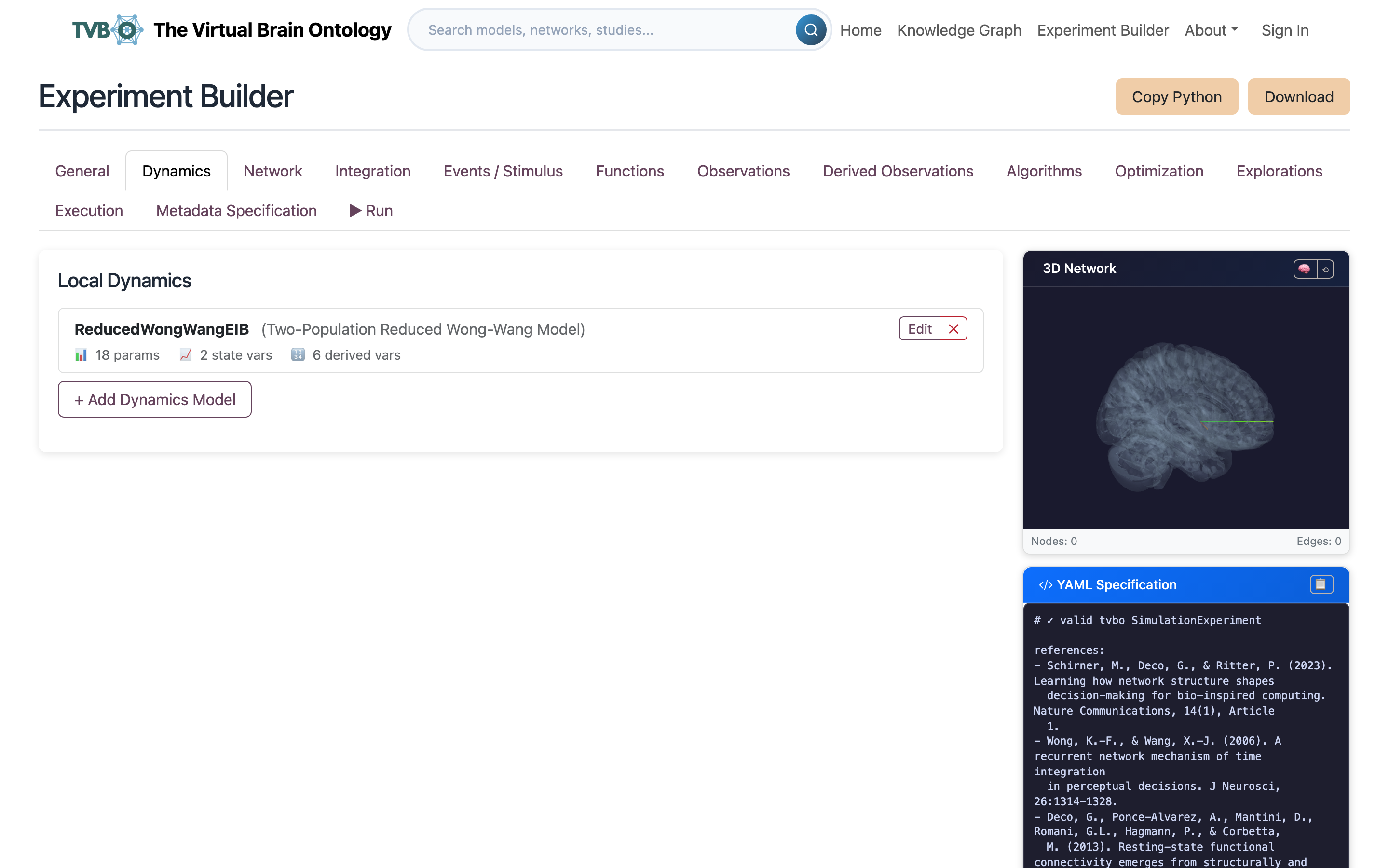 The dynamics tab, choosing a neural mass model and editing its parameters.