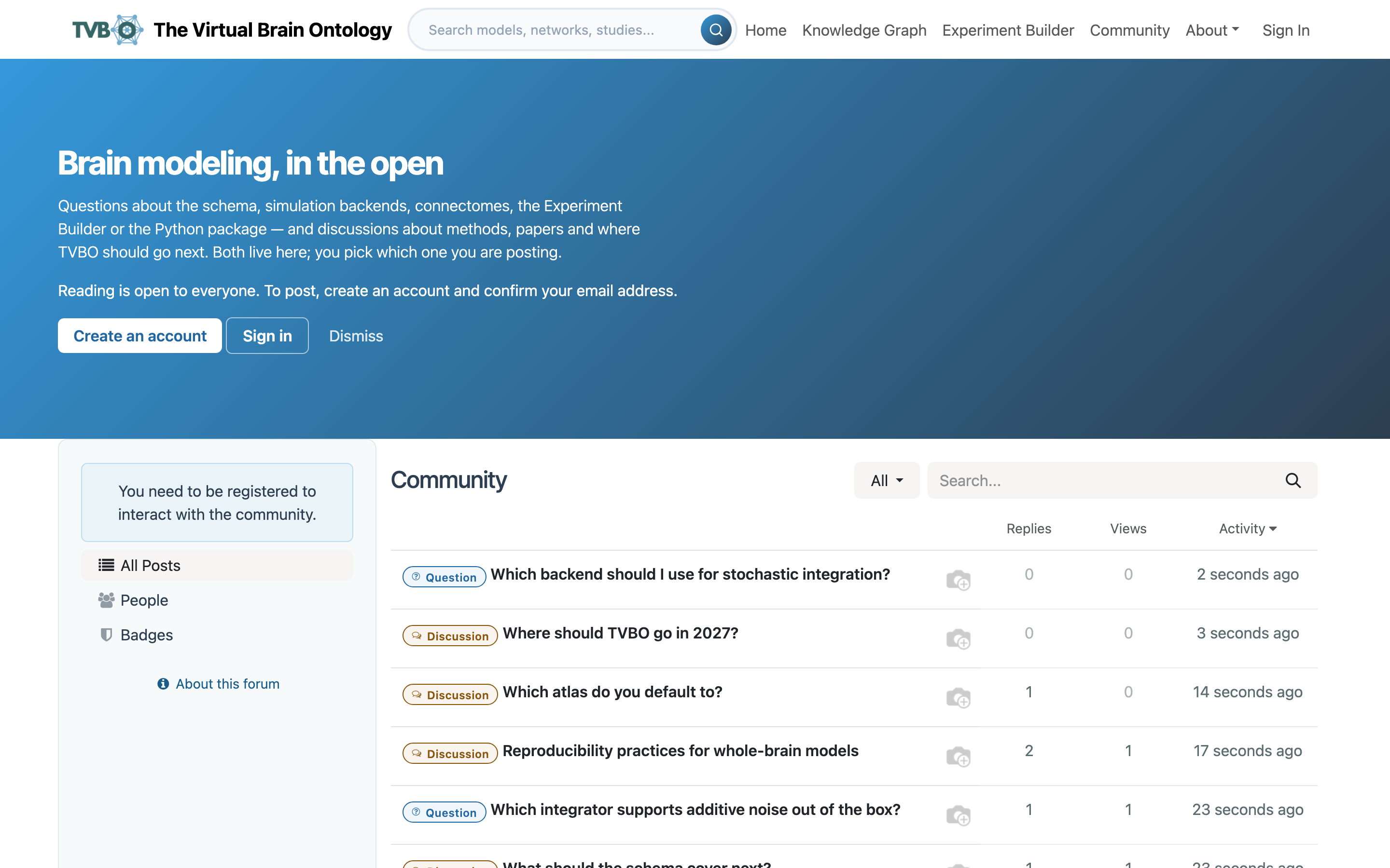 The community forum index, listing discussion and question topics.