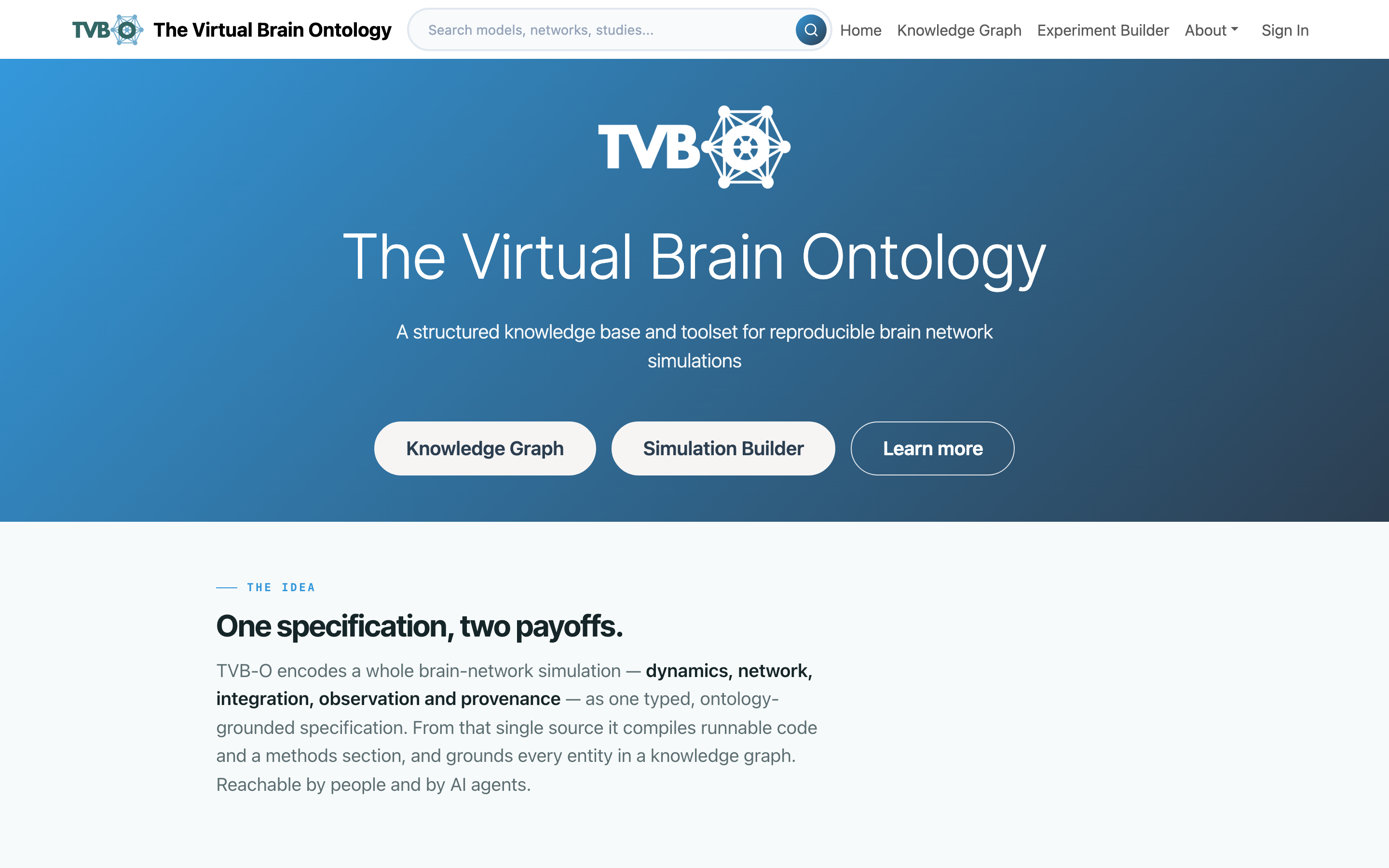 The TVB-O platform home page, with entry points to the knowledge graph, the experiment builder and the account area.
